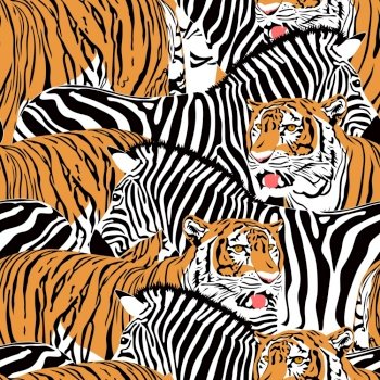 Tiger and zebra seamless pattern. Wild life animals background texture. Illustration.
