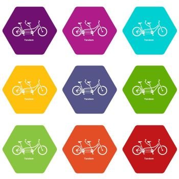 Tandem bicycle icons 9 set coloful isolated on white for web. Tandem bicycle icons set 9 vector