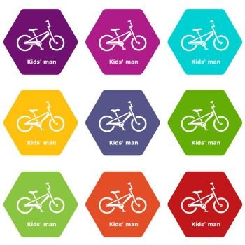 Kids man bike icons 9 set coloful isolated on white for web. Kids man bike icons set 9 vector