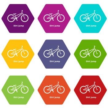 Dirt jump bike icons 9 set coloful isolated on white for web. Dirt jump bike icons set 9 vector