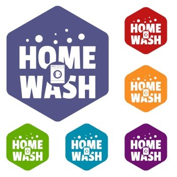 Home wash icons vector colorful hexahedron set collection isolated on white . Home wash icons vector hexahedron