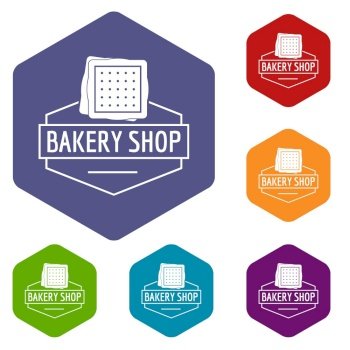 Bakery product icons vector colorful hexahedron set collection isolated on white . Bakery product icons vector hexahedron
