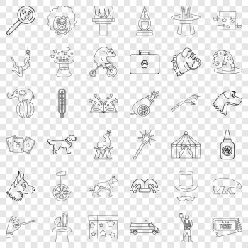 Circus icons set. Outline style of 36 circus vector icons for web for any design. Circus icons set, outline style