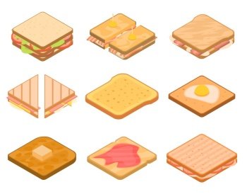 Toast icons set. Isometric set of toast vector icons for web design isolated on white background. Toast icons set, isometric style