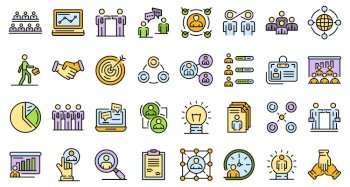 Collaboration icons set. Outline set of collaboration vector icons thin line color flat on white. Collaboration icons vector flat