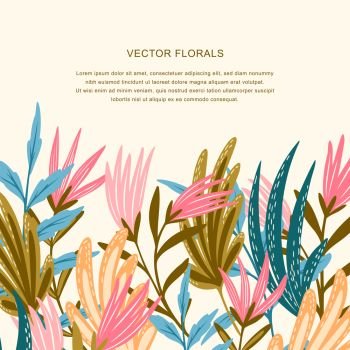 Vector flat background with trendy simple flowers for decoration card design. Summer landscape modern template. 