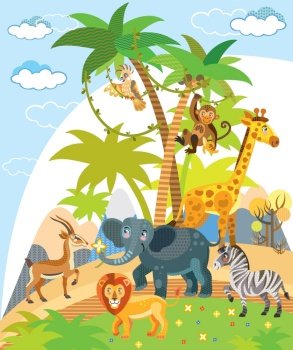 African wild animals colorful vector cartoon funny illustration in flat style. Vector vertical  illustration with cute african characters for children. Great for design, t- shirts, printed products and souvenirs.