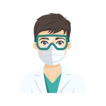 Young male doctor wearing the n95 respiratory protection mask and glasses, against infectives diseases. Flat vector illustration