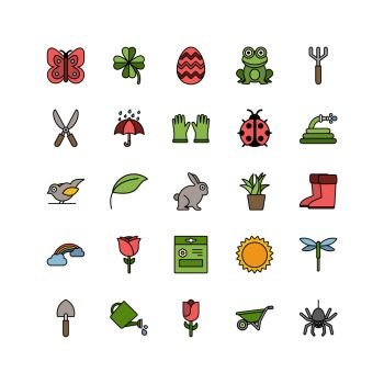 Spring and gardening. Isolated color icon set. Filled vector illustration