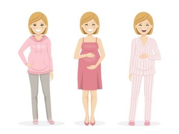 Beautiful pregnant woman with sportwear, dress and pajama. Isolated vector illustration