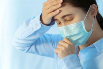 woman cough and sick with face mask protection, Coronavirus, air pollution, allergic sick woman with medical mask