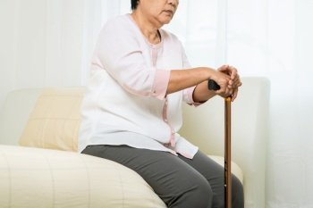 faint, headache, stress of old woman with stick, healthcare problem of senior concept