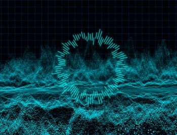 Abstract dark background with moving loop texture particles.Motion graphic Backdrop of ball dot Animation of seamless.Digital blue-green color audio sound wave light.Dynamic mesh surface illustration