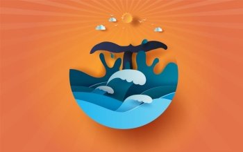 Tail whale on sea view sunlight sunset sky with circle concept, Summer time season, Ocean wave on blue sky.Graphic design Seaside landscape, Paper craft and cut style. minimal illustration vector