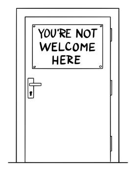 Vector cartoon drawing conceptual illustration of simple door with you’re not welcome here sign. Concept of immigration and xenophobia.. Vector Cartoon Illustration of Door With You’re Not Welcome Here Sign. Immigration Concept.