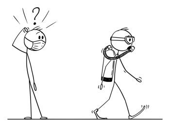 Vector cartoon stick figure drawing conceptual illustration of shocked man in face mask watching another man, wearing scuba diver mask and equipment as coronavirus covid-19 protective suit.. Vector Cartoon Illustration of Shocked Man in Face Mask Looking at Another Man Wearing Scuba Diver Mask and Equipment as Protective Suit Against Coronavirus Covid-19