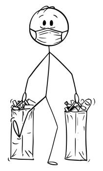 Vector cartoon stick figure drawing conceptual illustration of man wearing face mask carrying shopping bags with food from grocery shop or supermarket. Coronavirus COVID-19 epidemic concept.. Vector Cartoon Illustration of Man Wearing Face Mask Carrying Shopping Bags With of Food From Supermarket or Grocery Store
