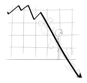 Vector cartoon stick figure drawing conceptual illustration of stock market investor or businessman watching falling financial graph. Concept of depression, recession and crisis.. Vector Cartoon Illustration of Stock Market Investor or Businessman Watching Falling Financial Graph or Chart. Concept of Depression and Crisis