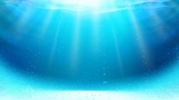 Underwater Swimming Pool With Sun Rays Vector. Underwater With Clean Water, Sunbeams, Bubbles And Shining Sunrays. Place Space For Relaxation And Swim Template Realistic 3d Illustration. Underwater Swimming Pool With Sun Rays Vector