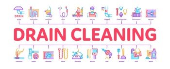Drain Cleaning Service Minimal Infographic Web Banner Vector. Drain System Clean Equipment And Agent Cleanser, Worker Cleaner Plumber Illustration. Drain Cleaning Service Minimal Infographic Banner Vector