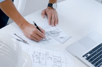 Colleagues interior designer Corporate Achievement Planning Design on blueprint Teamwork Concept with compasses