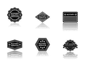 Notary service stamps drop shadow black glyph icons set. Apostille and legalization. Validation. Approval, confirmation. Legal paper. Notarization. Isolated vector illustrations on white space