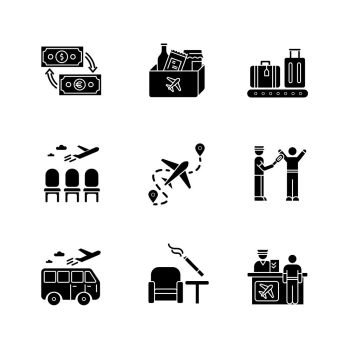 Airport terminal black glyph icons set on white space. Waiting lobby for passengers. Flight check in. Metal detection with scanner. Silhouette symbols. Vector isolated illustration