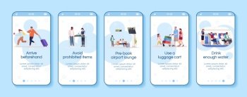 Airplane traveling advices onboarding mobile app screen vector template. Arrive in time, book airport lounge seat. Walkthrough website steps with flat characters. Smartphone cartoon UX, UI, GUI