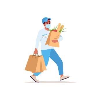 Delivery boy in surgical mask semi flat RGB color vector illustration. African american courier with bags isolated cartoon character on white background. Home food delivery in pandemic time
