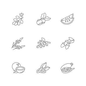 Hair oil ingredients pixel perfect linear icons set. Jojoba essence for haircare and nourishment. Customizable thin line contour symbols. Isolated vector outline illustrations. Editable stroke