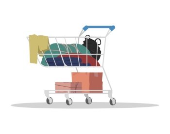 Shopping cart with garbage semi flat RGB color vector illustration. Dirty things in container. Pushcart full of ragged rabbish. Trolley of homeless person isolated cartoon object on white background. Shopping cart with garbage semi flat RGB color vector illustration