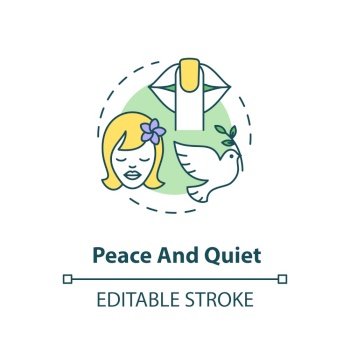 Peace and quiet concept icon. Stress relief. Tranquil mind. Wellbeing and wellness. Mental health idea thin line illustration. Vector isolated outline RGB color drawing. Editable stroke. Peace and quiet concept icon