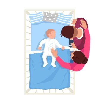 Parent watch infant sleep semi flat RGB color vector illustration. Caucasian newborn in bed. Mother and father with baby. Family isolated cartoon characters top view on white background. Parent watch infant sleep semi flat RGB color vector illustration