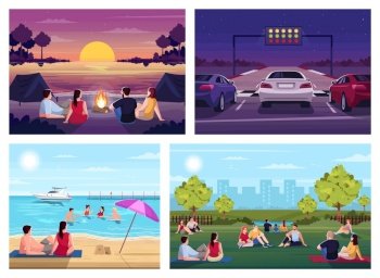 Summer recreation semi flat vector illustration set. Watch sunset in camp on sea beach. Public urban park. Picnic festival. Auto race. Resting 2D cartoon characters for commercial use collection. Summer recreation semi flat vector illustration set