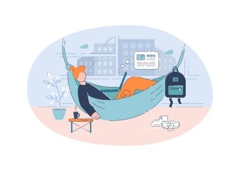 Freelancer in hammock semi flat vector illustration. Company employee working from home 2D cartoon character for commercial use. Comfortable workplace, professional freelance occupation. Freelancer in hammock semi flat vector illustration