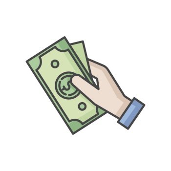 Hand hold money RGB color icon. Cash for client. Business revenue. Employee salary. Bank benefit. Charge cash. Handout dollar. Arm with payout. Corruption and bribery. Isolated vector illustration. Hand hold money RGB color icon