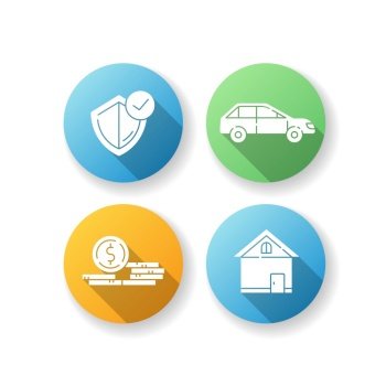 Insurance flat design long shadow glyph icons set. Money claim. General coverage policy. Risk management service for property. Cash for car. Legal control. Silhouette RGB color illustration. Insurance flat design long shadow glyph icons set