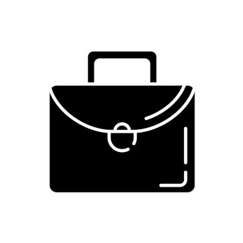 Briefcase black glyph icon. School bag. Professional woman suitcase. Businessman luggage for documents. Baggage with lock and handle. Silhouette symbol on white space. Vector isolated illustration. Briefcase black glyph icon