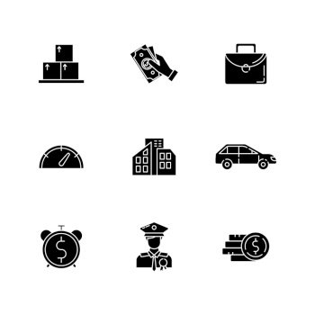 Loan money black glyph icons set on white space. Cash for business. Investment in real estate. Buy private property. Banking service. Payout for work. Silhouette symbols. Vector isolated illustration. Loan money black glyph icons set on white space