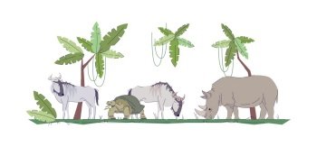 Wildlife semi flat RGB color vector illustration. Indonesian large creatures. Different mammals on pasture in forest. Jungle wild animals isolated cartoon character on white background. Wildlife semi flat RGB color vector illustration