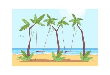 Palm trees with two swing semi flat vector illustration. Fun activity in tropical resort. Resort entertainment for kids. Travel relaxation. Beach activity 2D cartoon scenery for commercial use. Palm trees with two swing semi flat vector illustration
