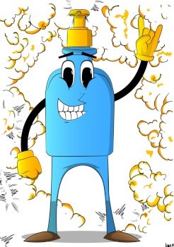 Cartoon Bottle of hand sanitizer gel with face with hands in rocker pose. Expressions vector.