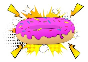 Donut with pink glaze on abstract background - comic book style, cartoon vector illustration.
