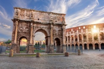 The Arch of Constantine and the Coliseum in Rome, Italy.