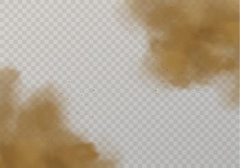Sand cloud. Mud dust splashes, 3d dirty soil particles. Allergic pollution, sandy air smoke vector background