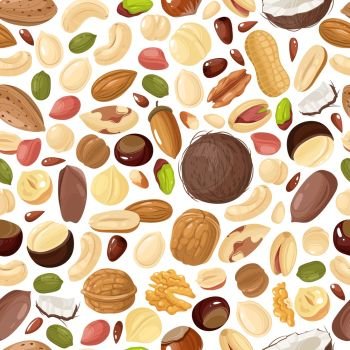 Nuts seamless pattern. Pecan and almond, macadamia and pistachios, peanut and cashew, hazelnut and walnut, brazil nut vector colorful texture. Nuts seamless pattern. Pecan and almond, macadamia and pistachios, peanut and cashew, hazelnut and walnut, brazil nut vector texture