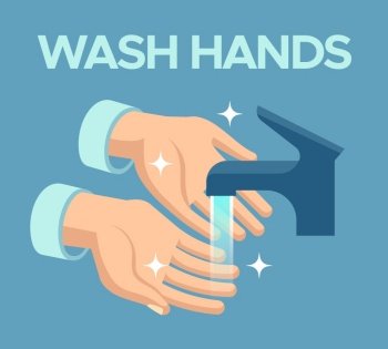Wash hands. Skin disinfection, antibacterial hand washing with soap bubbles under faucet, personal clean hygiene vector background. Wash hands. Skin disinfection, antibacterial hand washing with soap bubbles under faucet, personal hygiene vector background