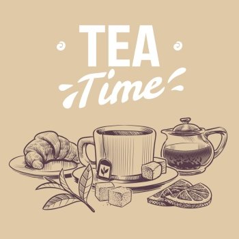 Sketch tea. Hand drawn objects for tea shop, mugs and kettle tea leaves and dried herbs, croissant and lemon slices vector vintage background. Sketch tea. Hand drawn objects for tea shop, mugs and kettle tea leaves and dried herbs, croissant and lemon slices vector background