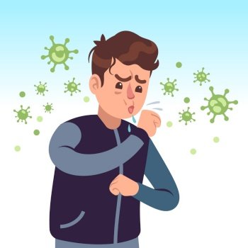 Covid-19. Coughing man surrounded by coronavirus germ. Protect yourself, healthcare prevention medical, self hygiene vector medicine concept. Covid-19. Coughing man surrounded by coronavirus germ. Protect yourself, healthcare prevention medical, self hygiene vector concept
