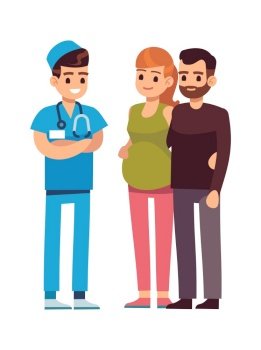 Doctor and couple. Young pregnant woman and husband talking with physician in hospital, medical examination in clinic. Pregnancy medicine healthcare concept, vector cartoon isolated illustration. Doctor and couple. Pregnant woman and husband talking with physician in hospital, medical examination in clinic. Pregnancy medicine healthcare concept, vector isolated illustration